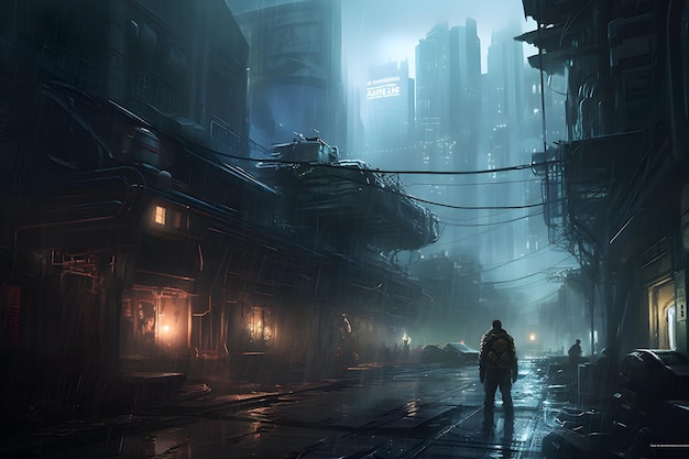 Un homme se tient dans une ville sombre avec un panneau indiquant cyberpunk.