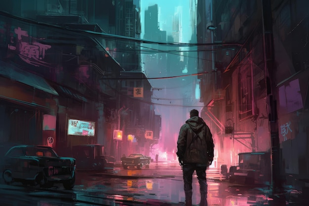 Un homme se tient dans une ville sombre avec un panneau qui dit "cyberpunk" dessus