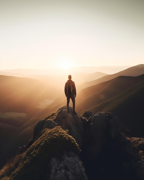 Un homme se tient debout sur un rocher devant un coucher de soleil.