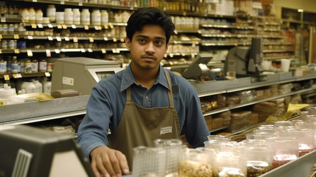 Un homme se tient derrière un comptoir dans un magasin avec une pancarte indiquant "nourriture" dessus
