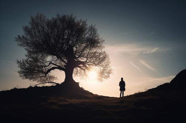 Un homme se tient devant un arbre au coucher du soleil.