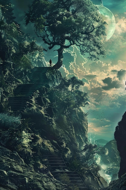Un homme se tient devant un arbre sur une montagne.
