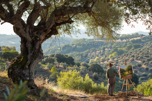 Photo un homme se tient devant un arbre avec une vue sur une ville et une ville en arrière-plan