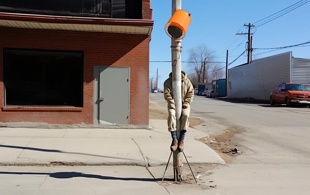 Photo un homme se tient devant un bâtiment qui a un seau orange dessus