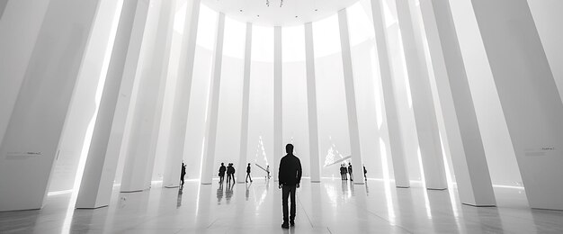 un homme se tient devant une colonne blanche avec les mots le mot dessus