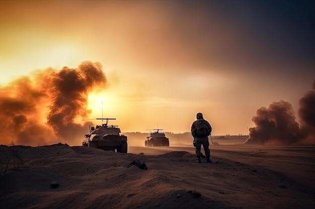 Un homme se tient devant un coucher de soleil avec des chars et des chars au premier plan.