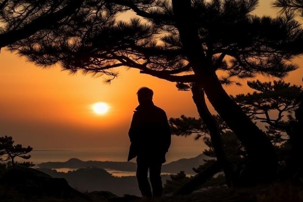 Un homme se tient devant un coucher de soleil avec le soleil se couchant derrière lui.