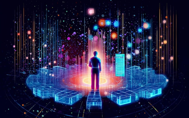 Un homme se tient devant un cube bleu avec les mots "art numérique" dessus