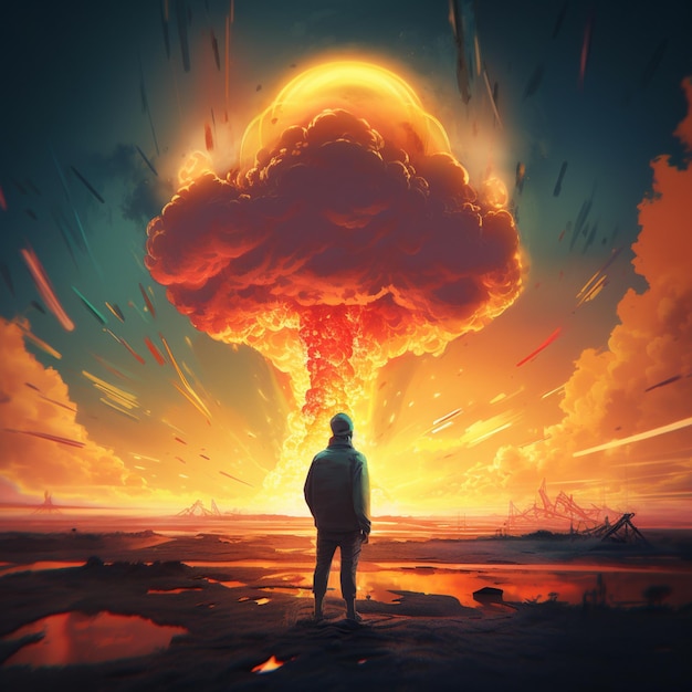 Un homme se tient devant une énorme explosion qui dit "la fin du monde"