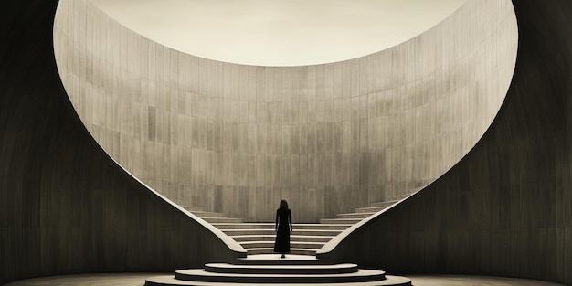 un homme se tient devant un escalier qui a une silhouette noire.