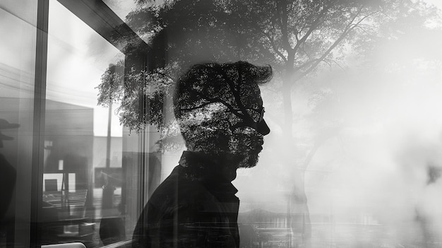 un homme se tient devant une fenêtre avec des arbres en arrière-plan
