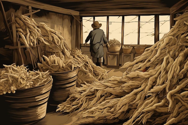 un homme se tient devant une fenêtre avec des pots de racines.