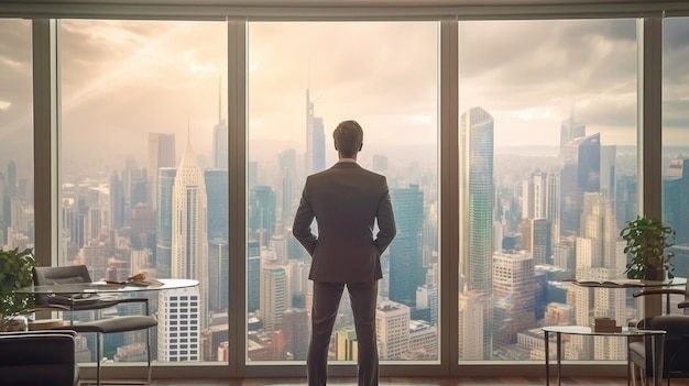 Un homme se tient devant une fenêtre et regarde un paysage urbain.