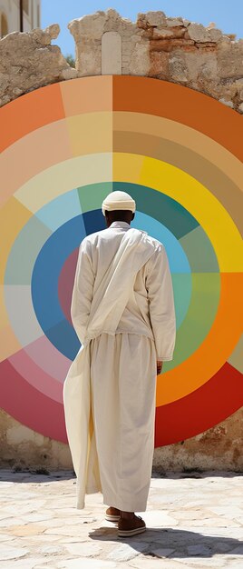 un homme se tient devant un fond coloré avec un homme en robe blanche