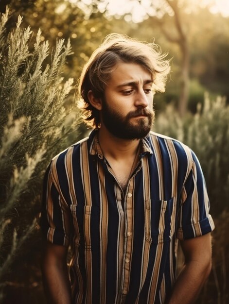 Un homme se tient devant une forêt avec une barbe et une chemise rayée qui dit "je suis un homme"