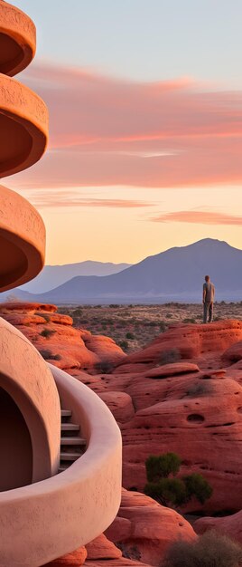 Photo un homme se tient devant une formation rocheuse au coucher du soleil