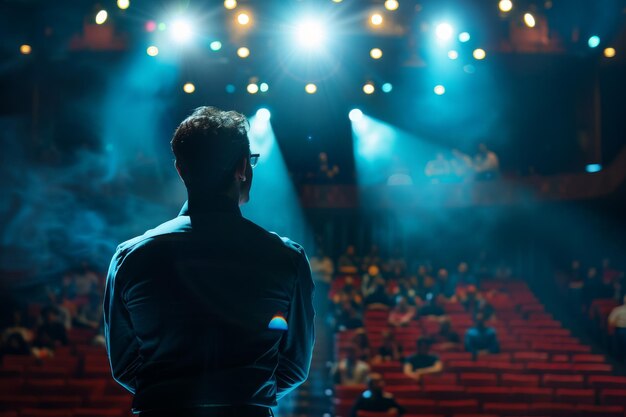 Photo un homme se tient devant une foule de gens dans un théâtre