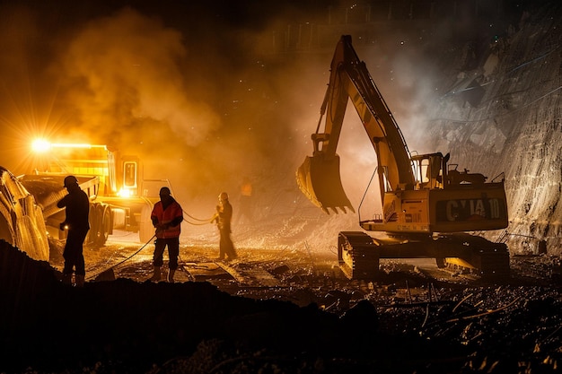 un homme se tient devant une grande excavatrice sur un chantier de construction