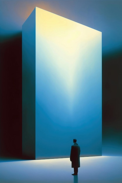 Un homme se tient devant une grande lumière bleue brillante.