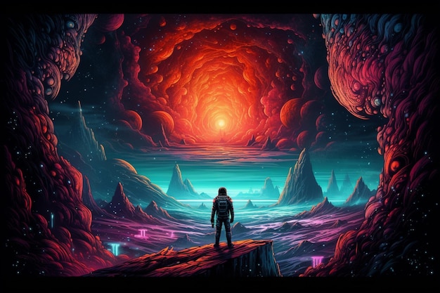 Un homme se tient devant une grande planète rouge et orange.