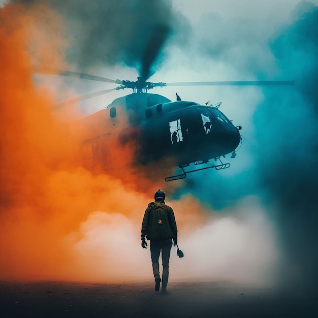 Un homme se tient devant un hélicoptère avec un casque noir.