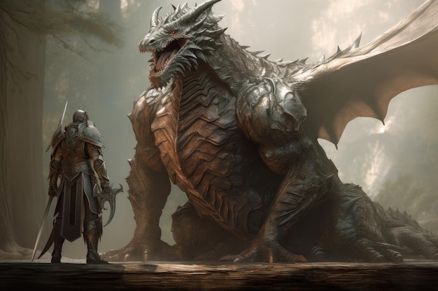 L'homme se tient devant un immense monde fantastique de dragon AI générative