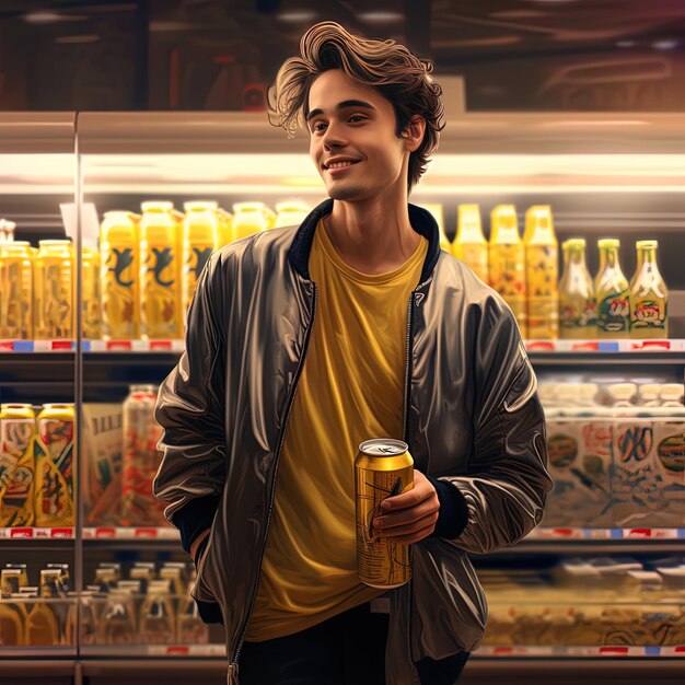 Photo un homme se tient devant un magasin avec une canette de bière