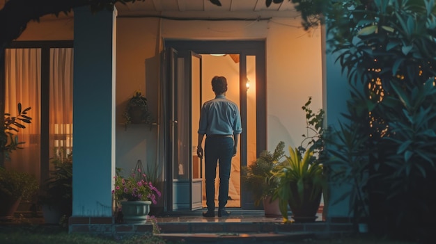 Un homme se tient devant une maison la nuit.