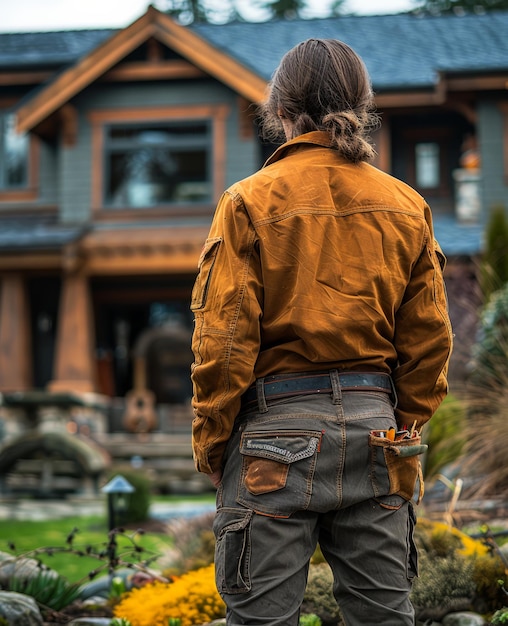 L'homme se tient devant la maison et regarde la cour.