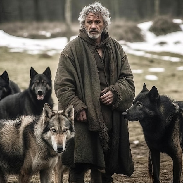 Un homme se tient devant une meute de loups.