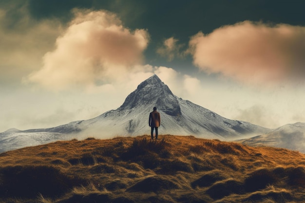 Photo un homme se tient devant une montagne avec un ciel en arrière