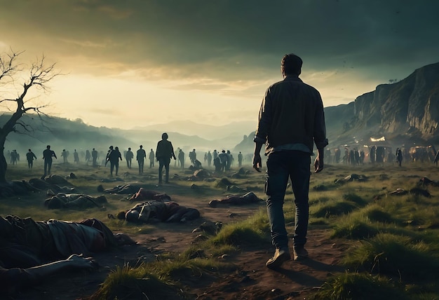 Photo un homme se tient devant une montagne avec un coucher de soleil en arrière-plan