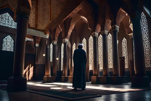 Un homme se tient devant une mosquée avec une grande fenêtre et une ombre sur le mur.