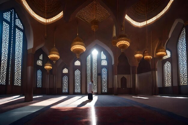 Un homme se tient devant une mosquée avec une lumière au plafond.