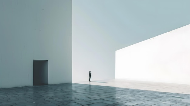 un homme se tient devant un mur blanc qui a un reflet d'un homme en lui