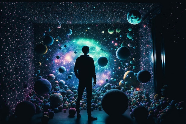 Un homme se tient devant un mur d'espace avec une nébuleuse et des étoiles.