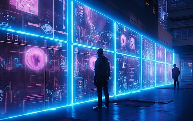 Un homme se tient devant un mur avec des néons qui disent "o"