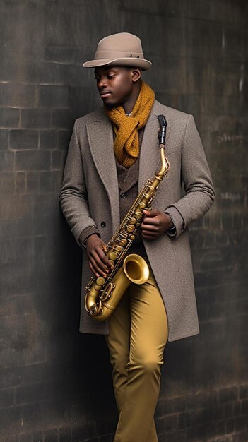 Photo un homme se tient devant un mur avec un saxophone