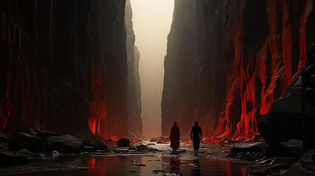 Un homme se tient devant un mystérieux mur rouge translucide dans le canyon.