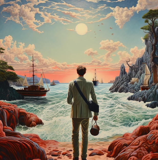 Un homme se tient devant un navire avec une pleine lune en arrière-plan