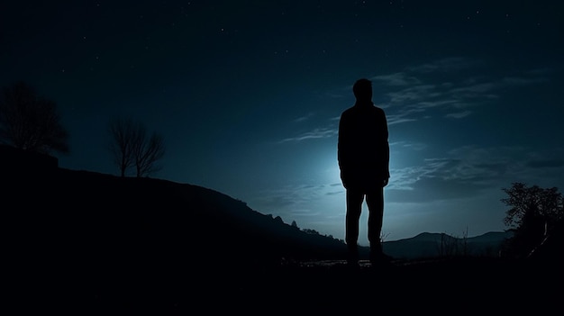 Un homme se tient devant une nuit éclairée par la lune.