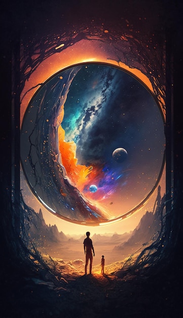 Un homme se tient devant une planète géante avec l'univers en arrière-plan.