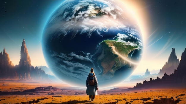 Photo un homme se tient devant une planète avec la planète terre visible en arrière-plan.