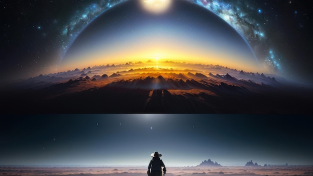 Un homme se tient devant une planète avec le soleil derrière lui.