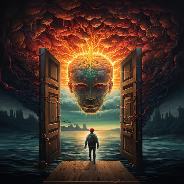Un homme se tient devant une porte ouverte avec une grosse tête qui en sort.