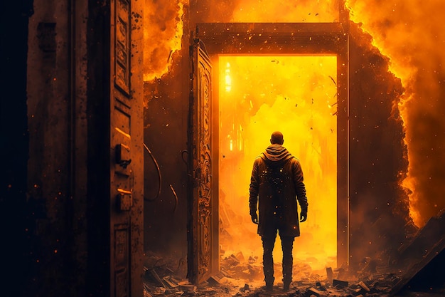 Un homme se tient devant une porte qui dit "feu" dessus