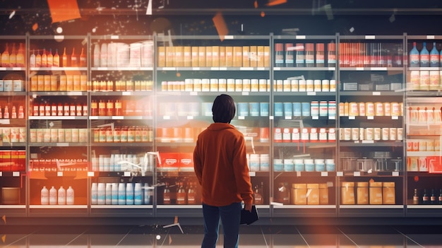 Un homme se tient devant un présentoir de coca-cola.