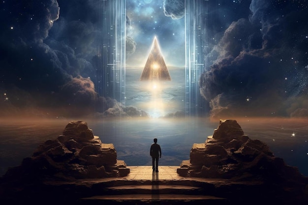 un homme se tient devant une pyramide qui est la pyramide de Dieu.