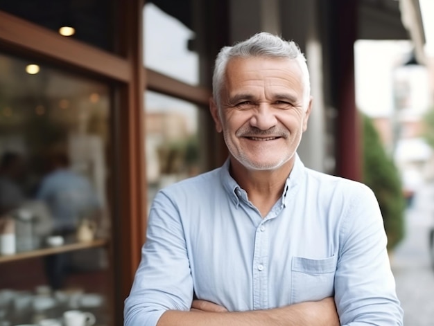 Un homme se tient devant un restaurant, les bras croisés.