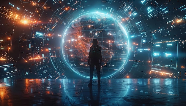 Un homme se tient devant une sphère lumineuse qui est entourée d'une image bleue générée par l'IA